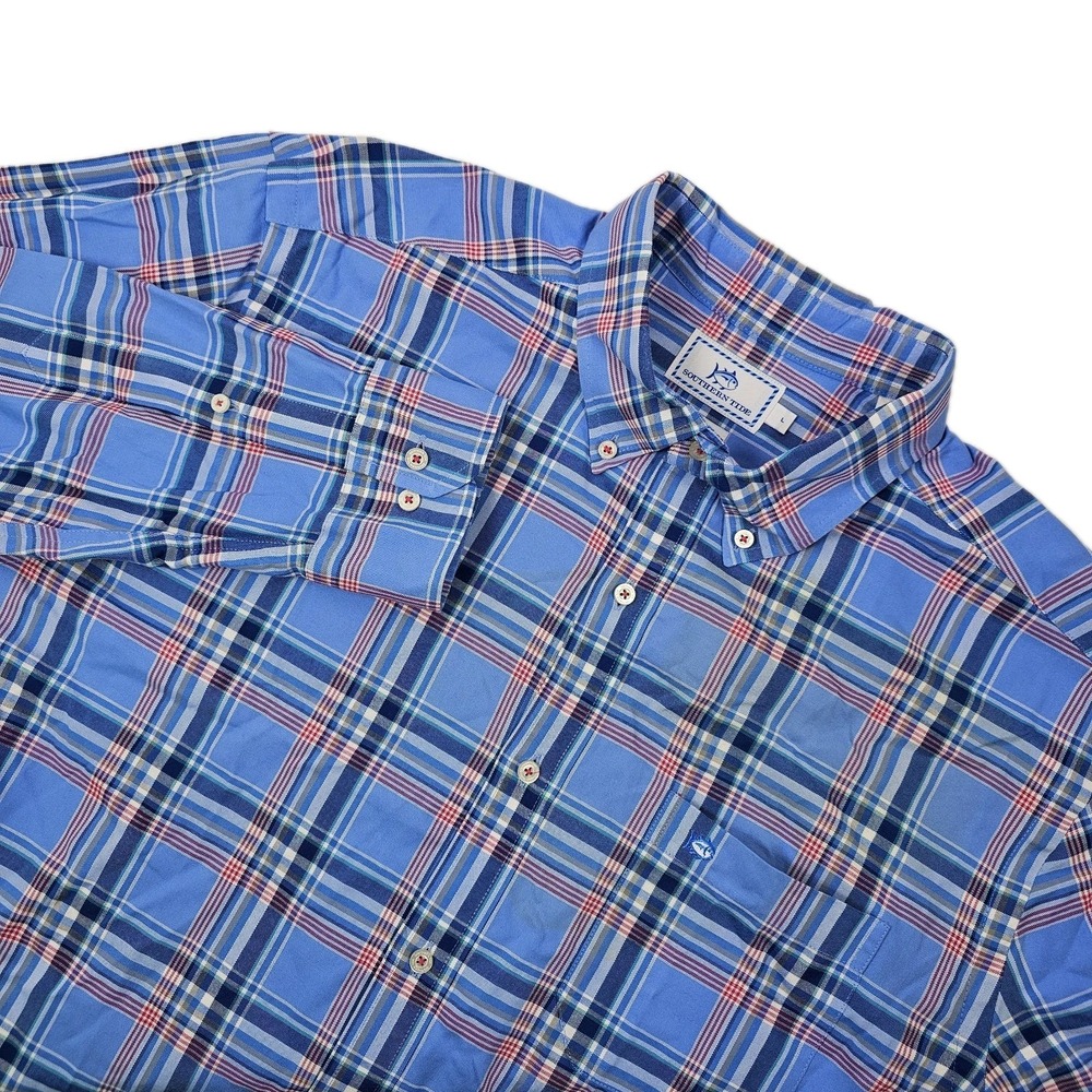SOUTHERN TIDE Men's Large Button Down Oxford Shirt Trim Fit LS Blue Plaid Cotton